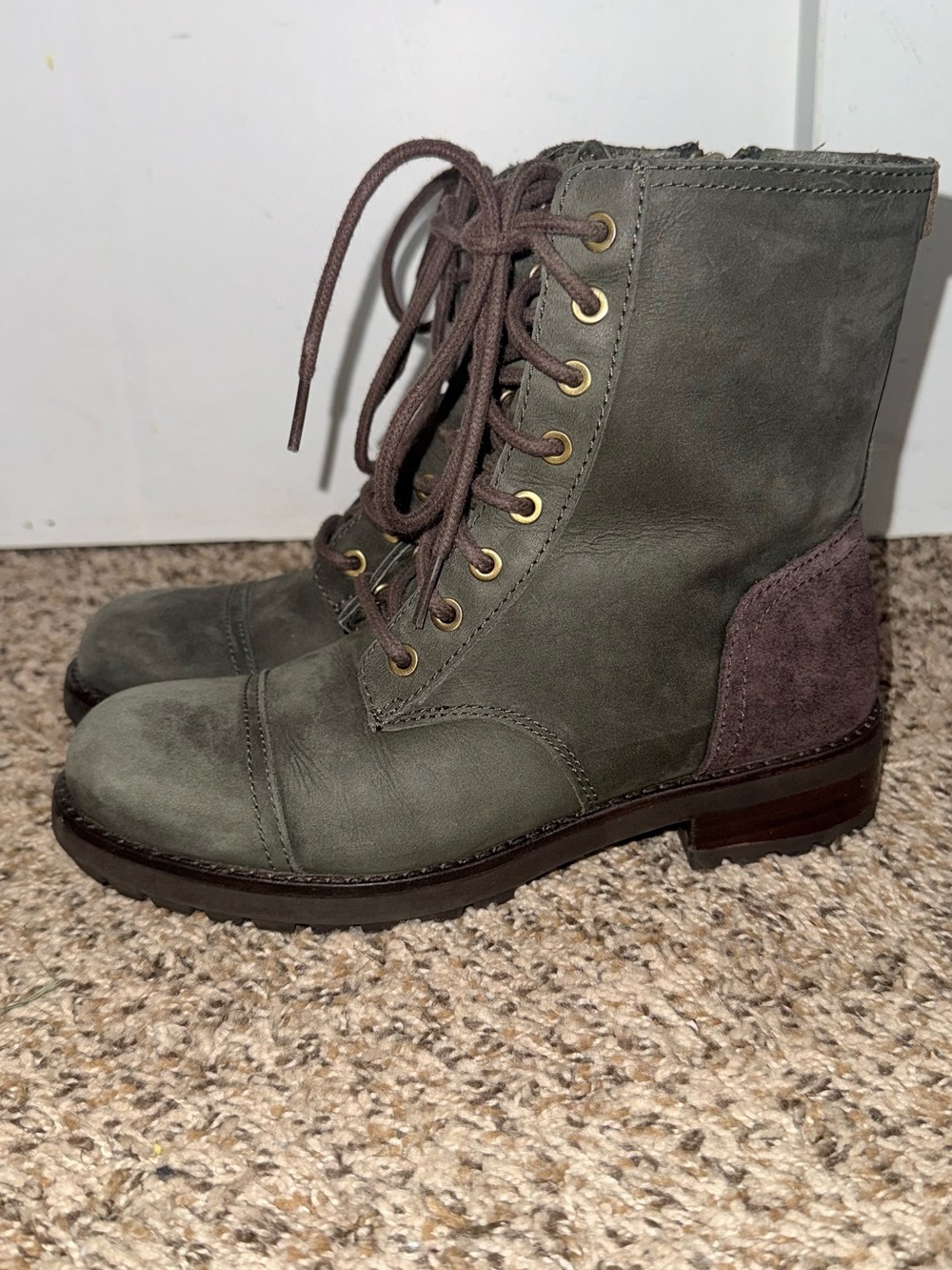 UGG Kilmer Olive Green Lace-Up Women's Combat Boots with Suede Heel